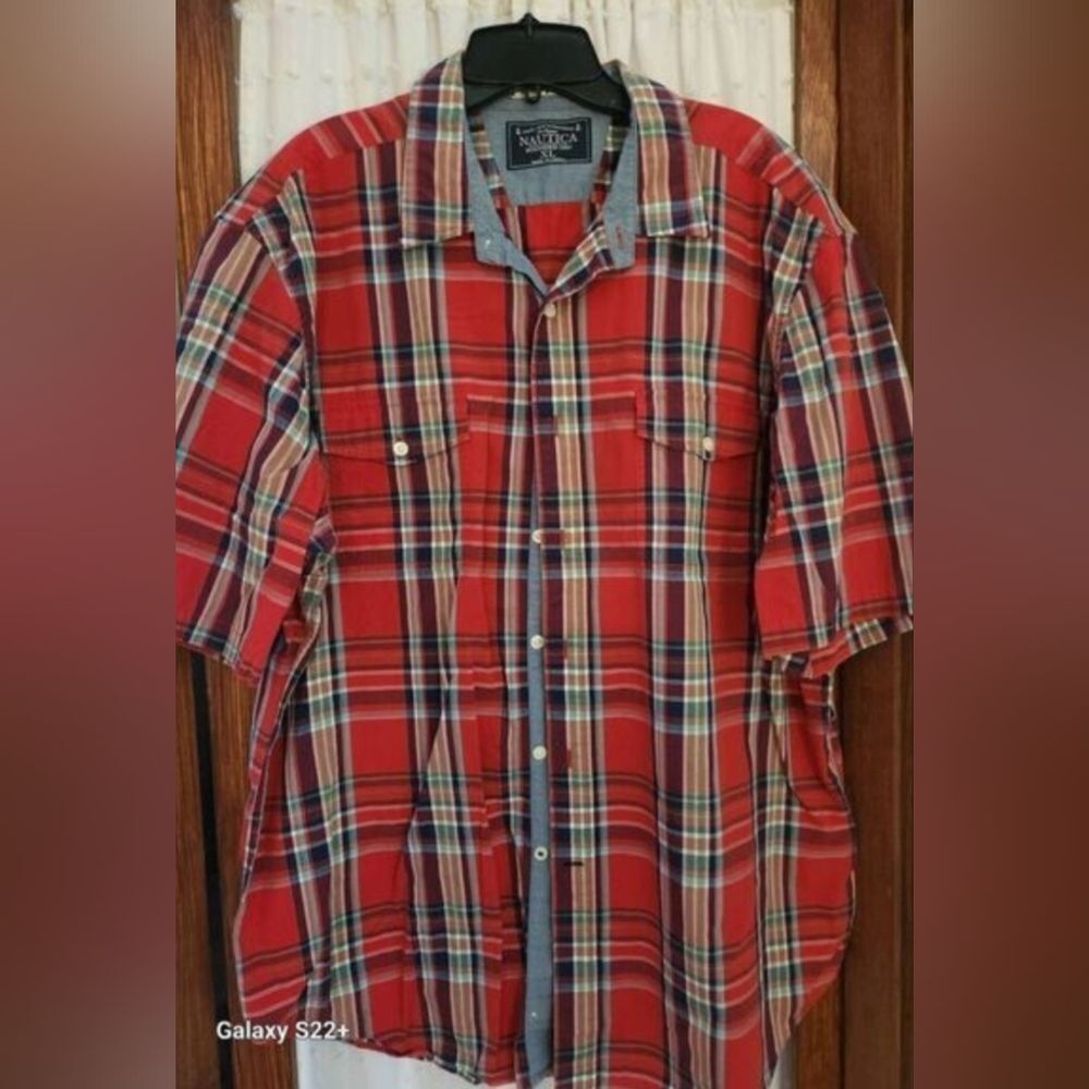 M42 Nautica Red Plaid Short-Sleeve Button-Down Casual Men's Shirt